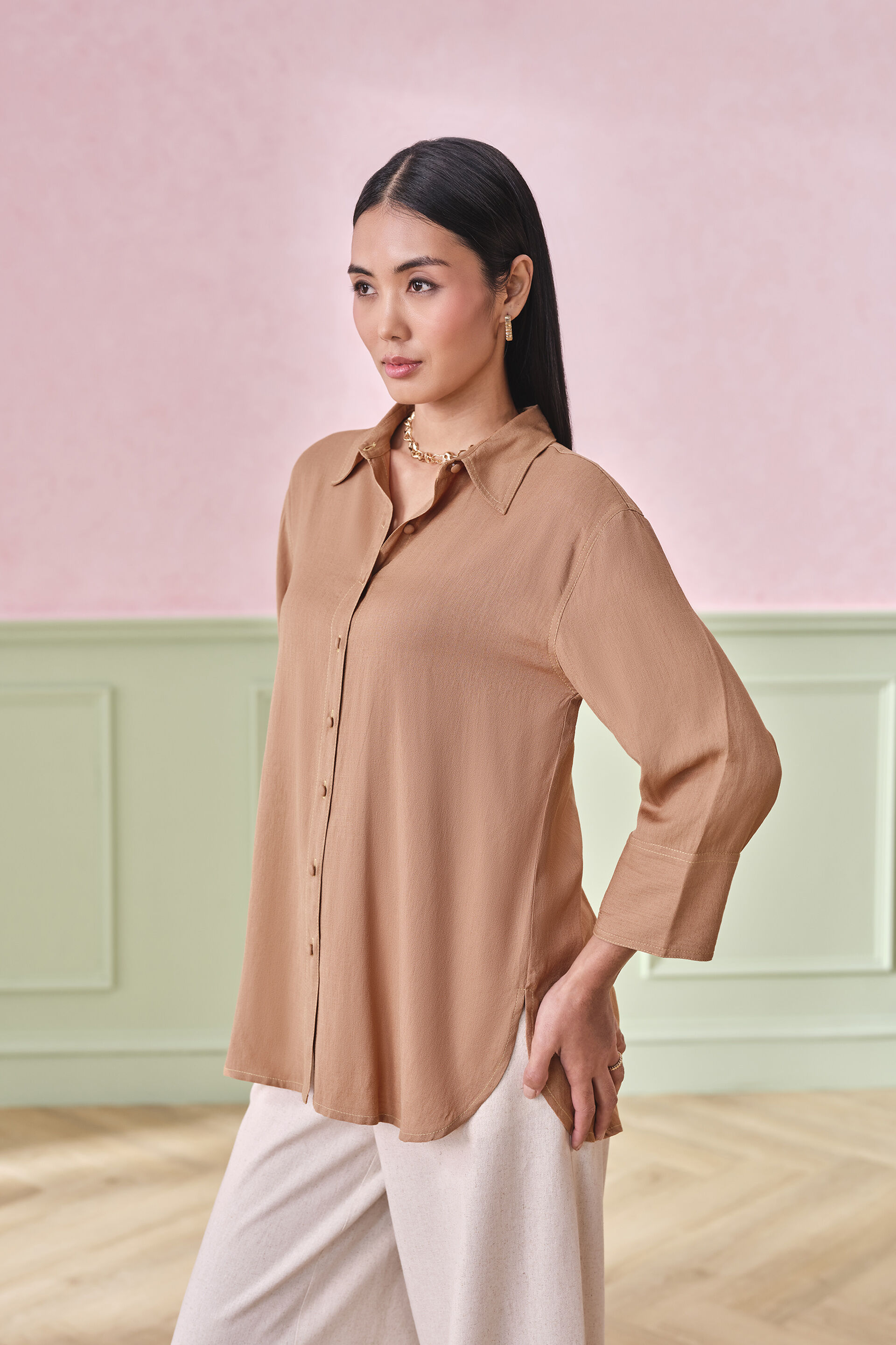 Hazelwood Flare Rayon Blend Shirt, Brown, image 3
